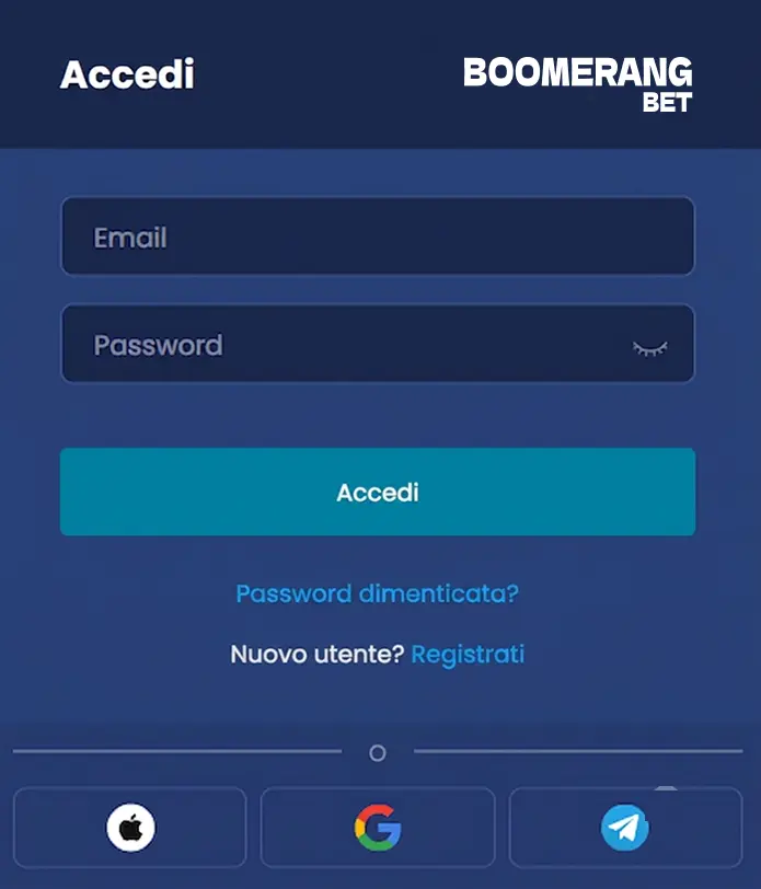 Interfaccia boomerang login con campi email e password per accedere all'account