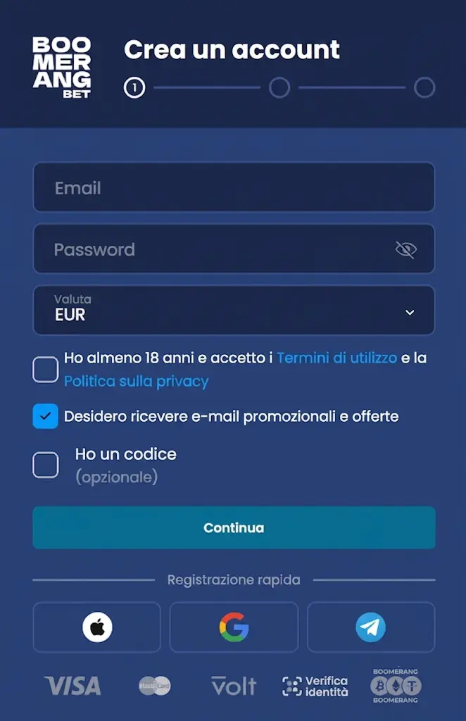 Pagina boomerang casino login con modulo di accesso e registrazione rapida